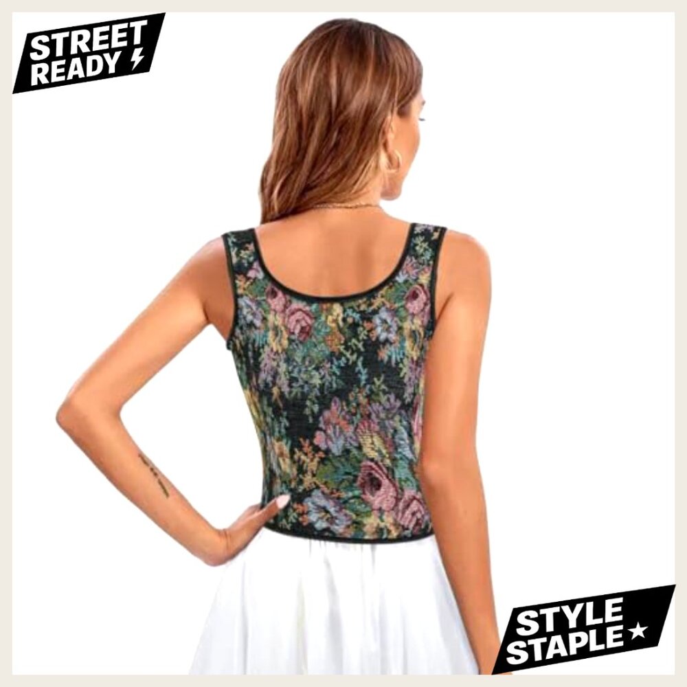 Vintage Floral Renaissance Corset Top Y2K Sleeveless Drawstring Embroidered - Picture 2 of 6